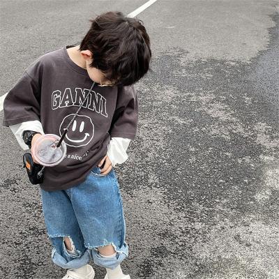 2022 Boys T-shirt, short sleeve bottom shirt, pure cotton children's outfit, smiling face, new casual round collar, half